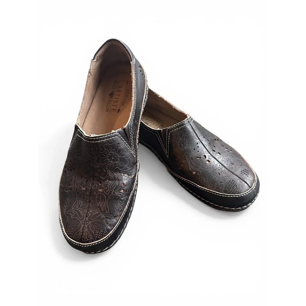 Spring Step L'Artiste Loafers Women 39 Black Excellent Floral Laser Cut Leather